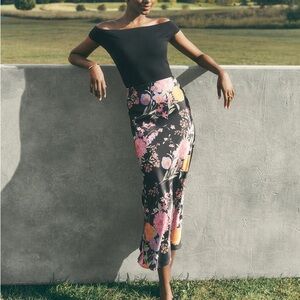 Ann Taylor Black Floral Midi Skirt